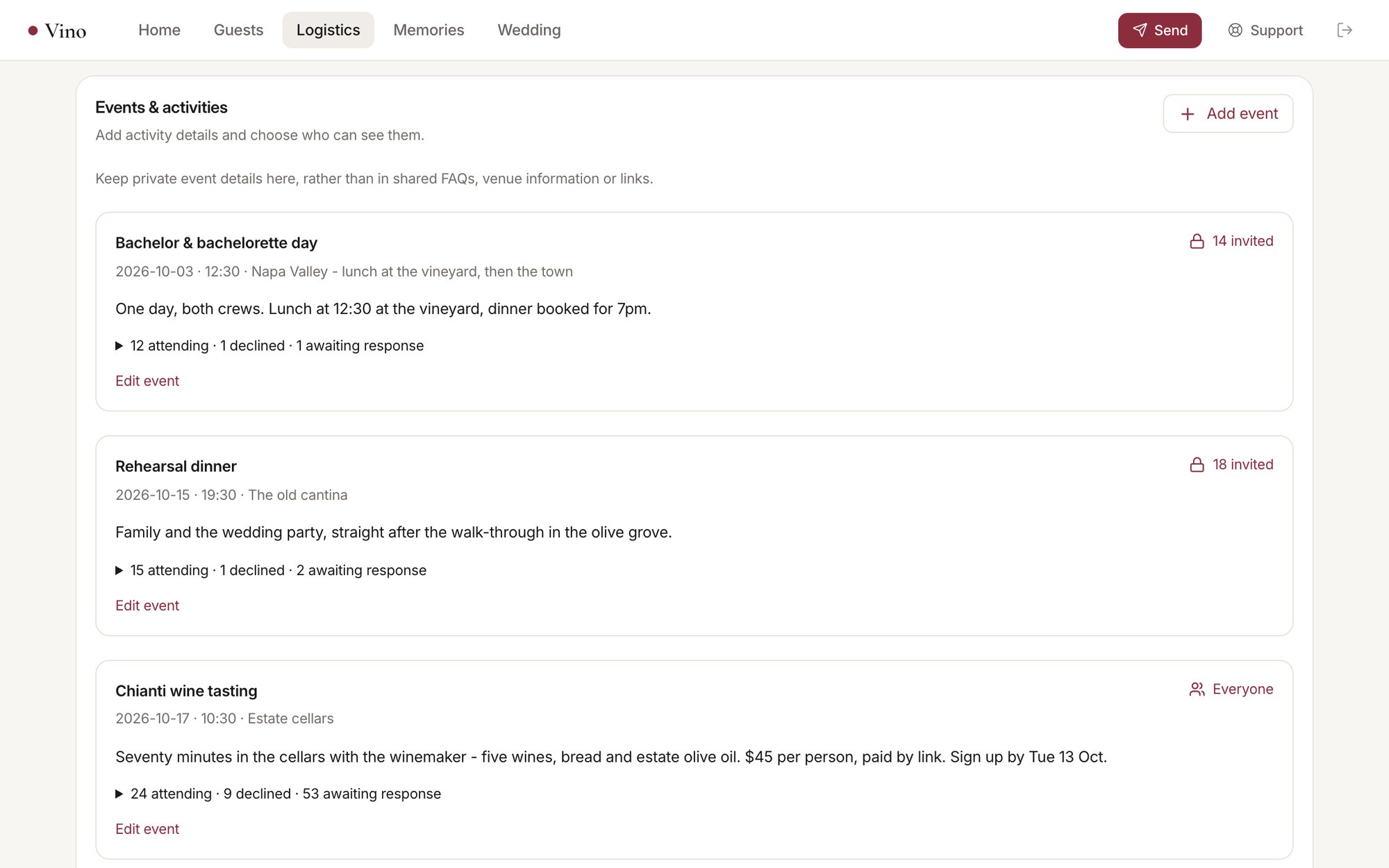 Events: each event with who is invited and how many are attending