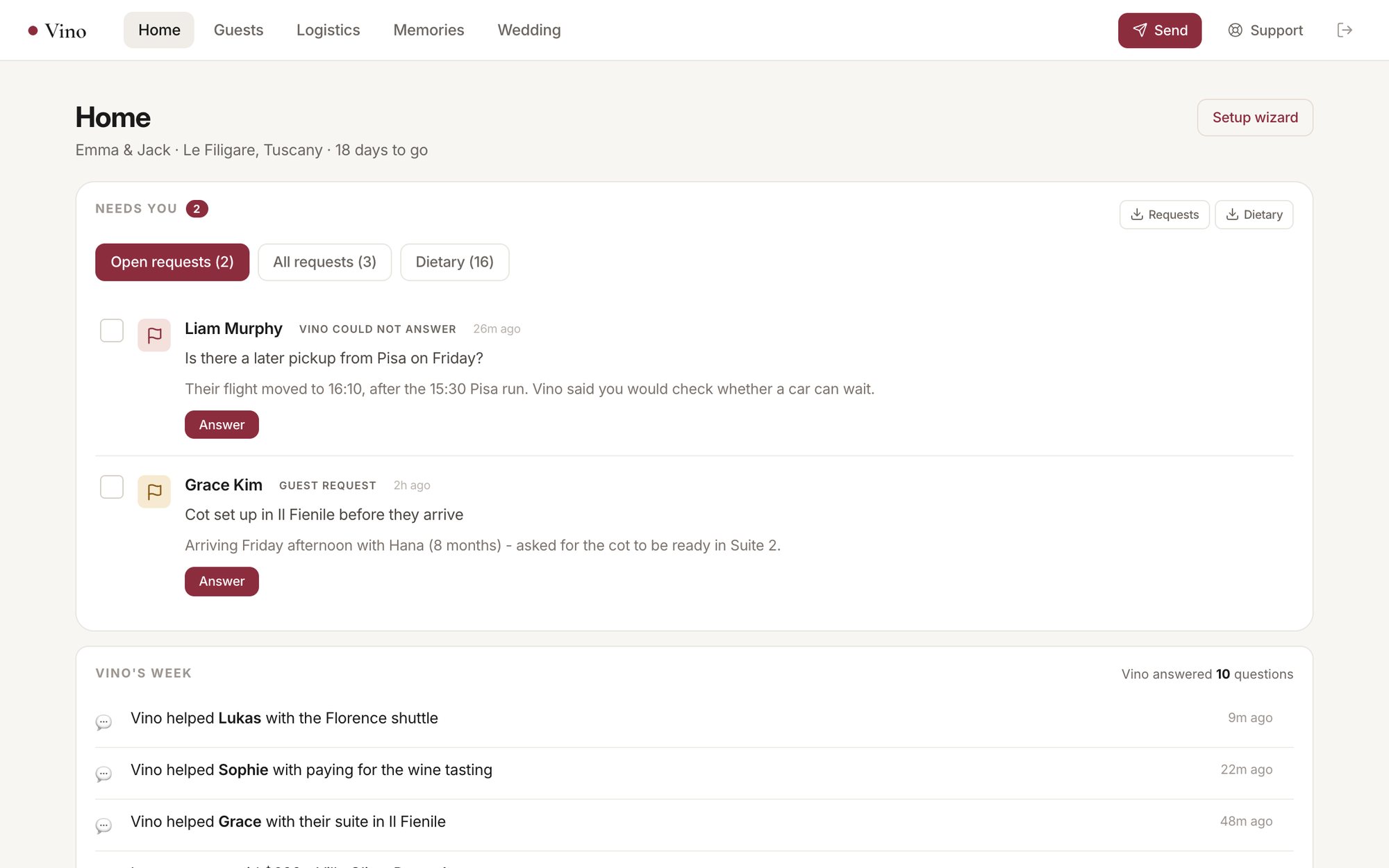 AskVino dashboard home: open guest requests and what Vino handled this week