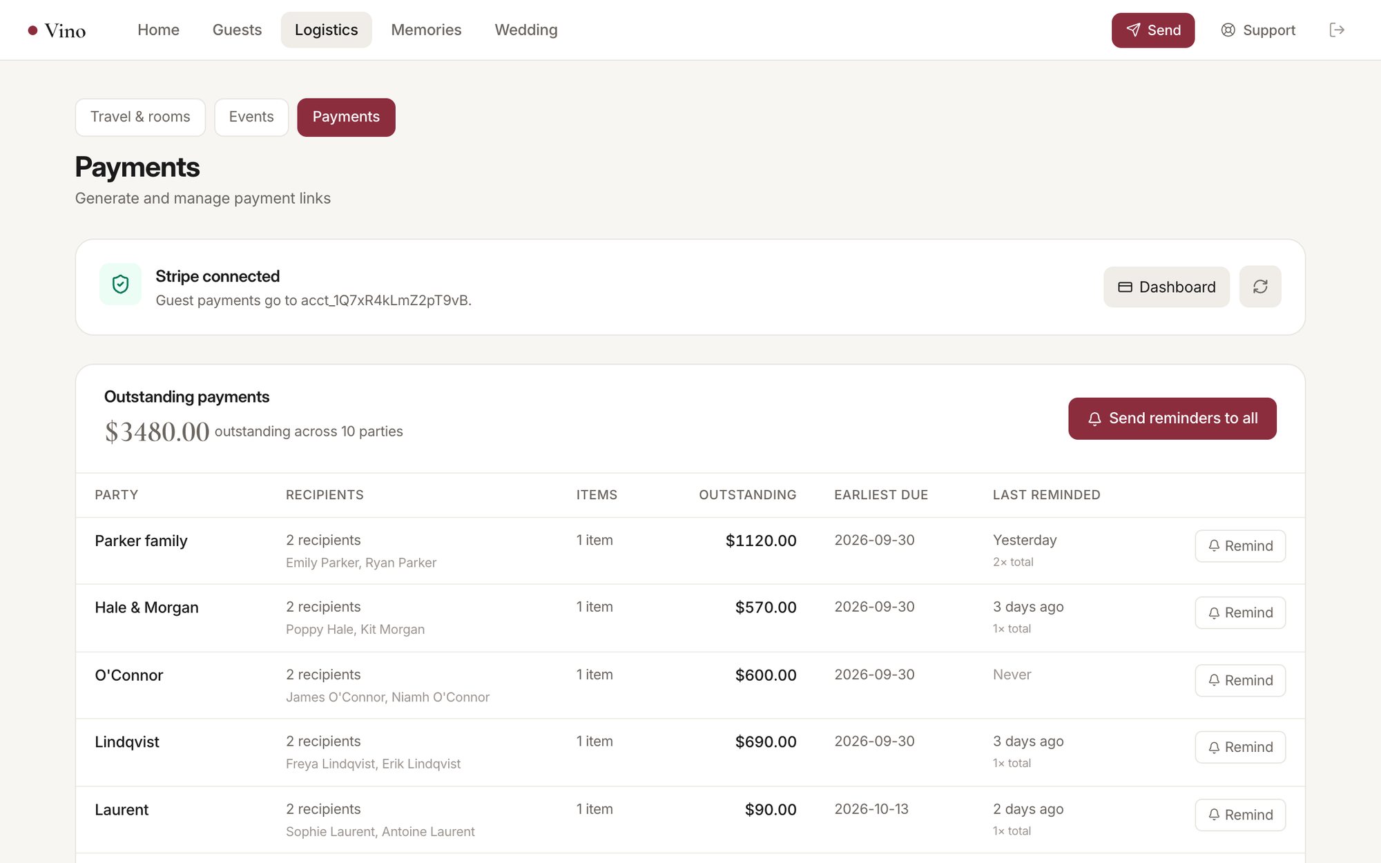 Payments: payment links with paid and unpaid status