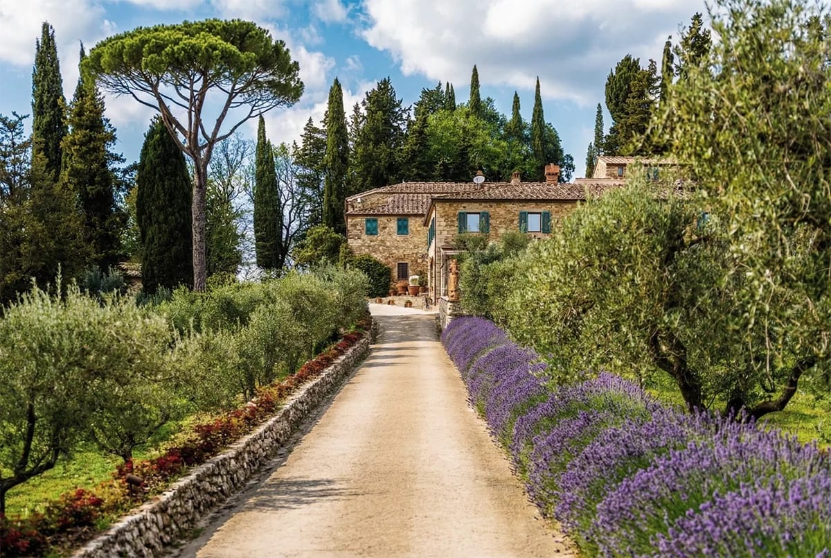 The narrow lavender-lined gravel drive climbing to Le Filigare, the Tuscan estate where Sarah and Martin were married