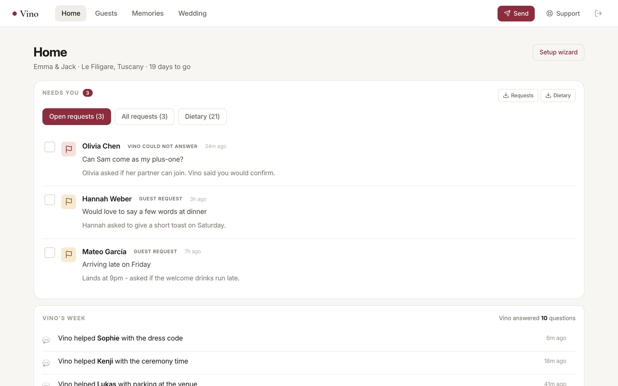 AskVino dashboard home: open guest requests and what Vino answered this week