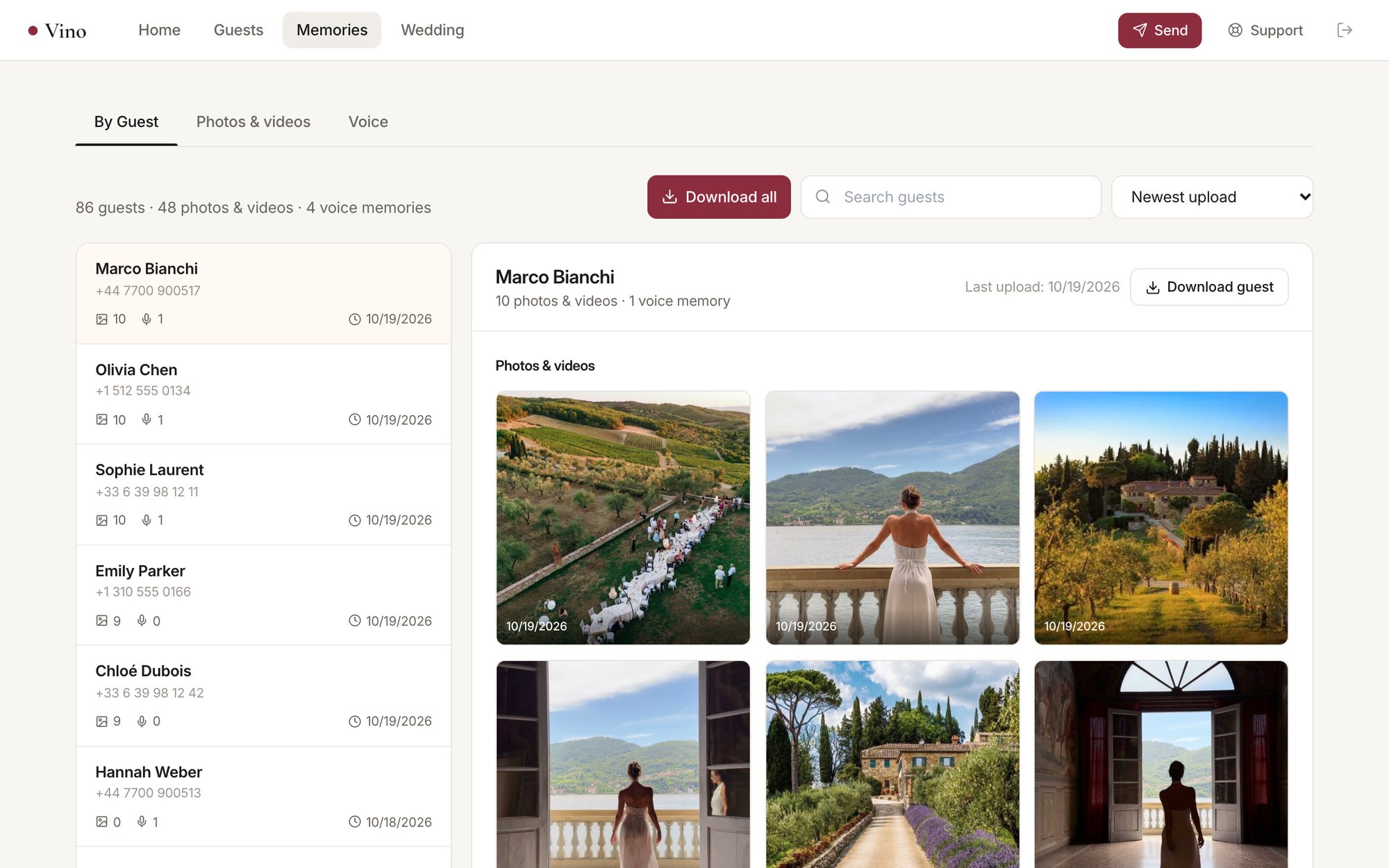 Memories: every guest's photos, videos and voice memories