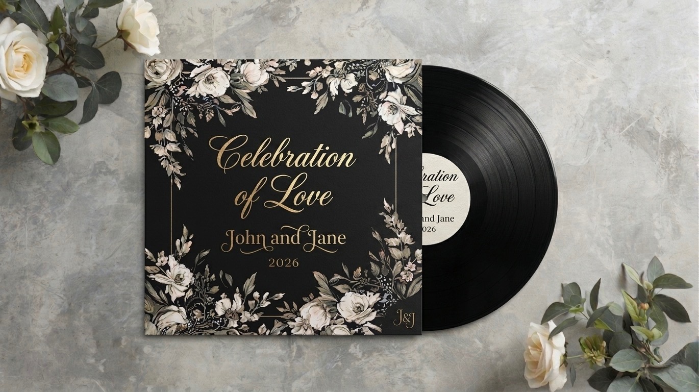 A wedding vinyl record half out of its printed sleeve, resting on stone beside white roses