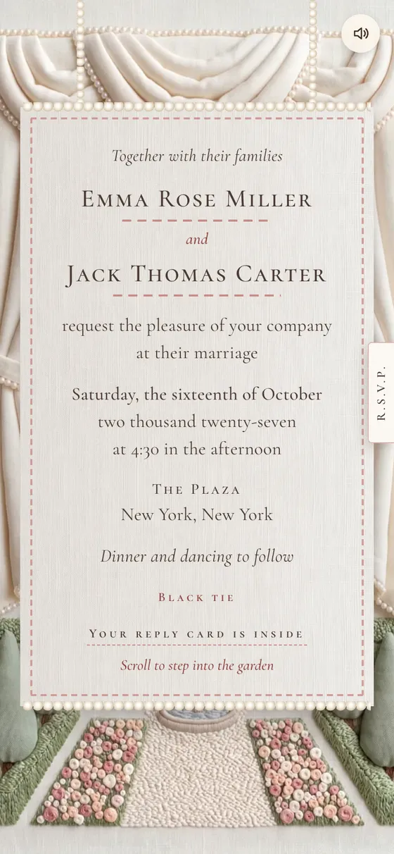 Palace Garden invitation: Emma Rose Miller and Jack Thomas Carter request the pleasure of your company