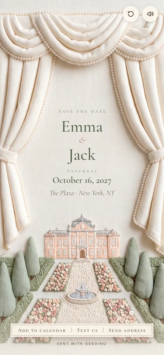 Palace Garden save-the-date for Emma and Jack, October 16, 2027